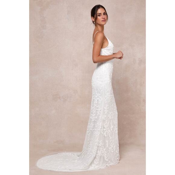 NWT Lulus Everlasting Passion White Sequin Beaded Backless Maxi Dress Bride Sz L - Picture 10 of 11
